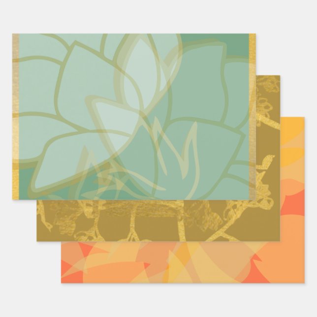 Schönes Gold Turquoise Orange Floral Geschenkpapier Set (Set)
