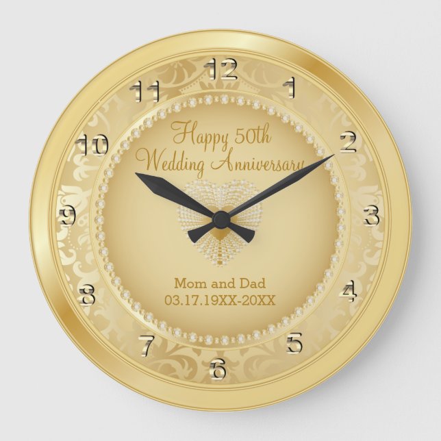 Schönes Golden 50. Hochzeitstag Große Wanduhr (Vorderseite)