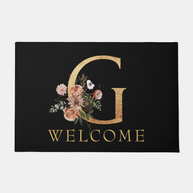 Schönes Goldmonogramm G mit rosa Blume Fußmatte (Vorderseite)