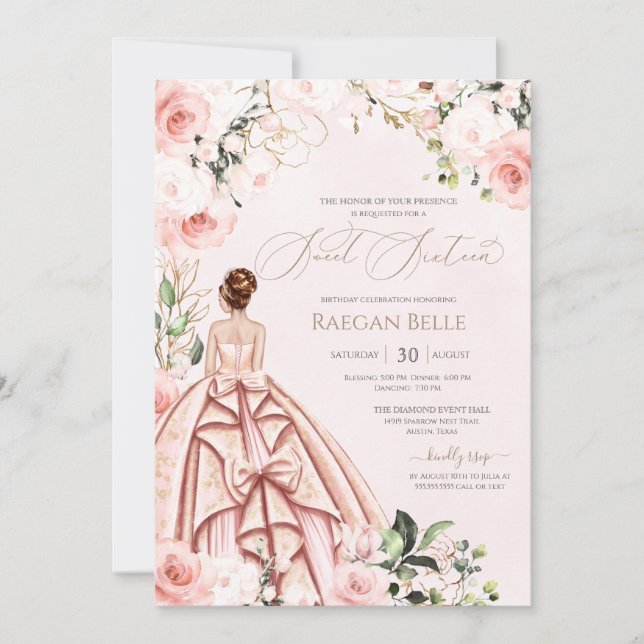 Schönes Gown Hübsch in Rosa Blush Rose Sweet 16 Einladung (Vorderseite)