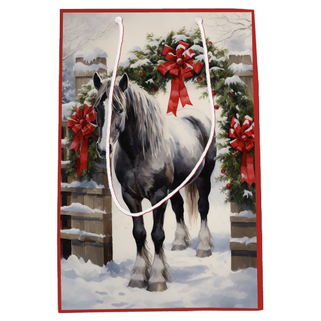 Schönes Graues Pferd mit Wintergarten Weihnachten Mittlere Geschenktüte (Vorderseite)