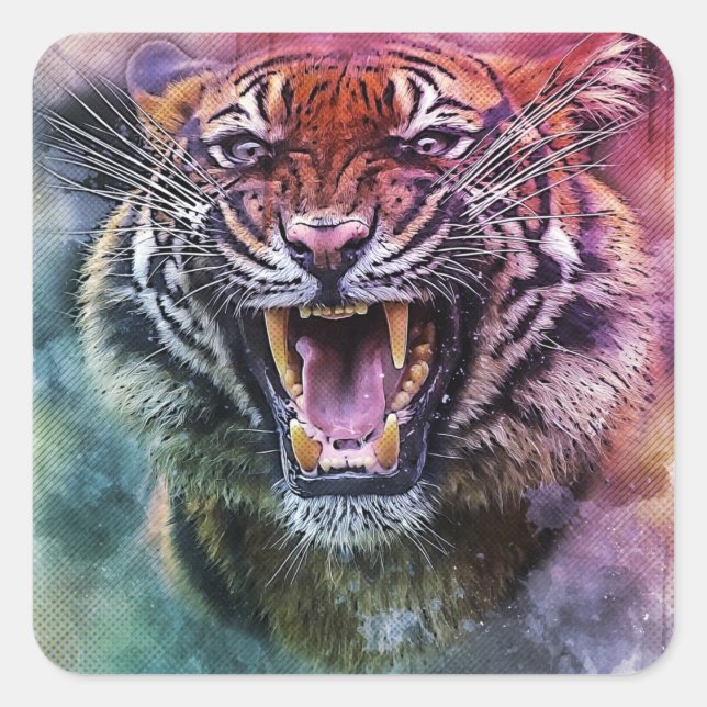 Schönes Growling Bengalisch Tiger Face Foto Quadratischer Aufkleber (Vorderseite)
