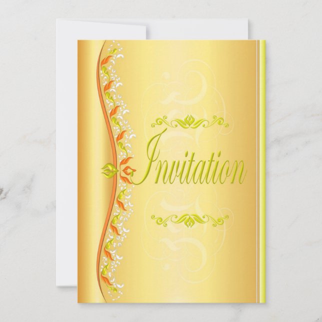Schönes Grün und Orange in Gold Einladung (Vorderseite)