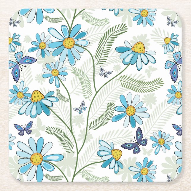Schönes, handgezeichnetes, blaues Blumenmuster Rechteckiger Pappuntersetzer (Vorderseite)