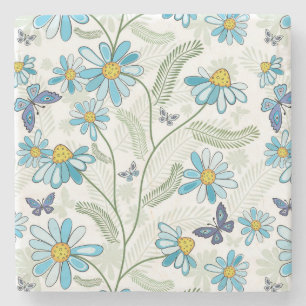 Schönes, handgezeichnetes, blaues Blumenmuster Steinuntersetzer
