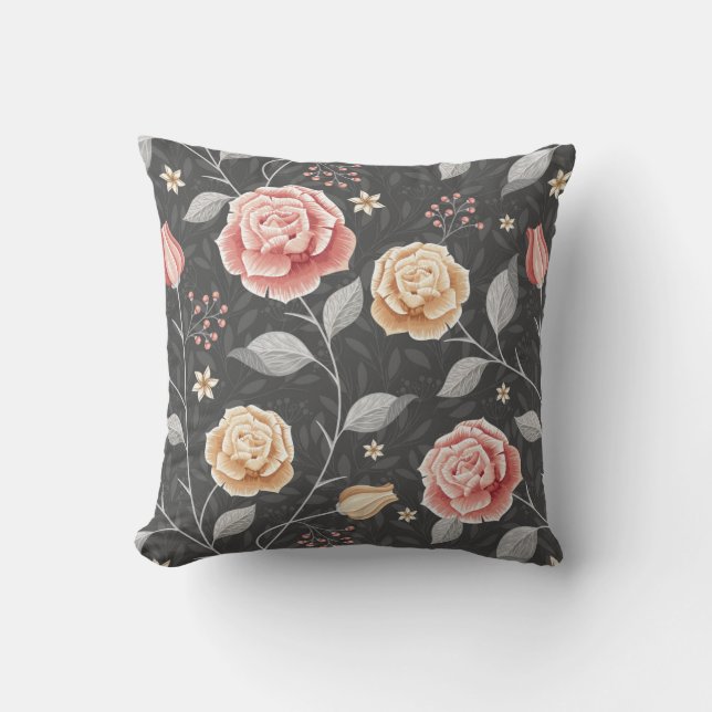 Schönes handgezeichnetes rosa und gelbes Rosenmust Kissen (Vorderseite)