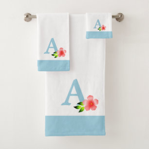 Schönes hellblaues Monogramm mit rosa Blume Badhandtuch Set