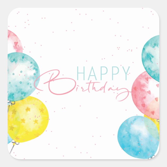 Schönes helles Aquarell-Happy Birthday Quadratischer Aufkleber (Vorderseite)