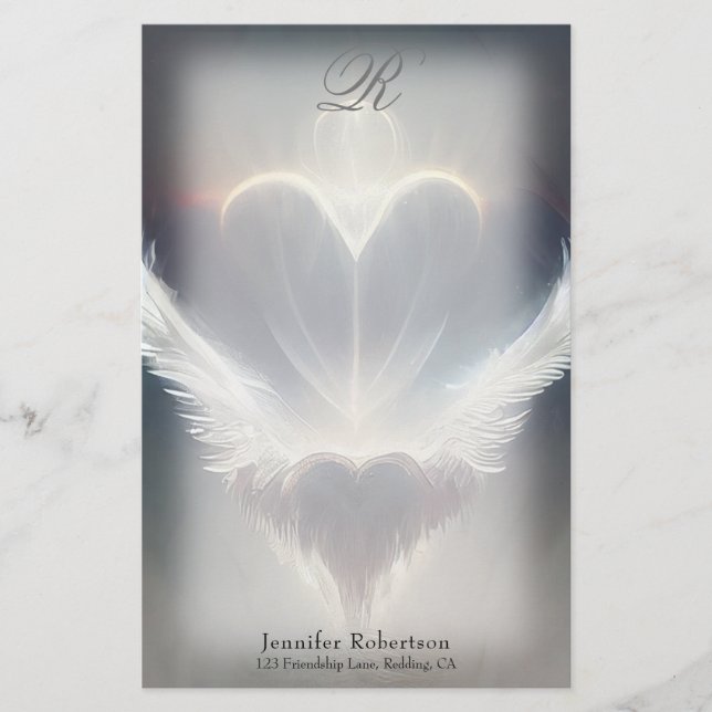 Schönes Herz Angel Wings Monogram Stationery Briefpapier (Vorderseite)