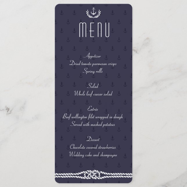 Schönes Hochzeitmenü mit blauen Ankern Menükarte (Vorderseite)