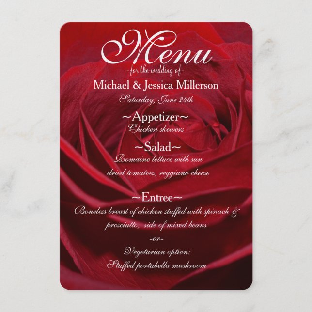 Schönes Hochzeitsmenü für Rote Rosen Menükarte (Vorderseite)