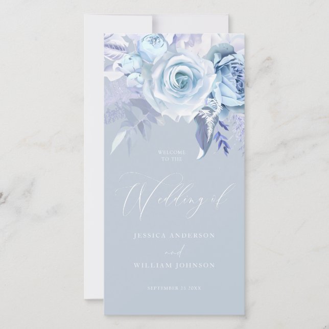 Schönes Hochzeitsprogramm für Dusty Blue Floral (Vorderseite)