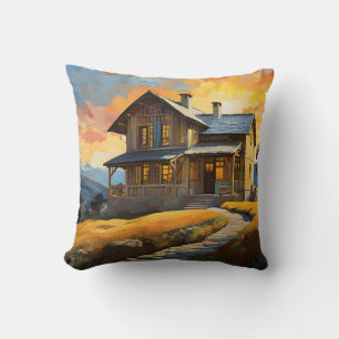 Schönes Holzhaus in den Bergen bei Sonnenuntergang Kissen