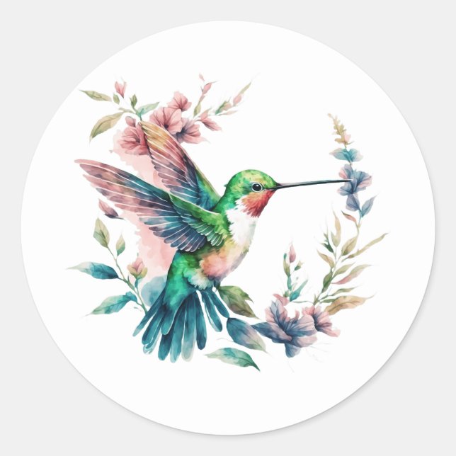 Schönes Hummingbird Floral Wreath Runder Aufkleber (Vorderseite)