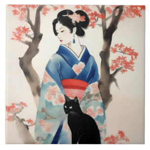Schönes japanisches Mädchen mit einer schwarzen Ka Fliese