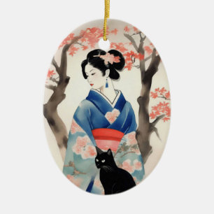 Schönes japanisches Mädchen mit einer schwarzen Ka Keramik Ornament