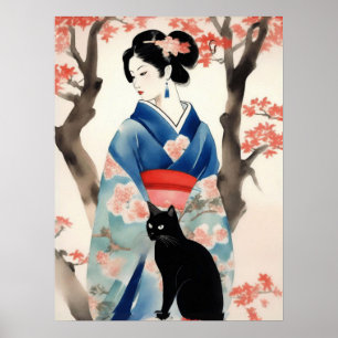 Schönes japanisches Mädchen mit einer schwarzen Ka Poster