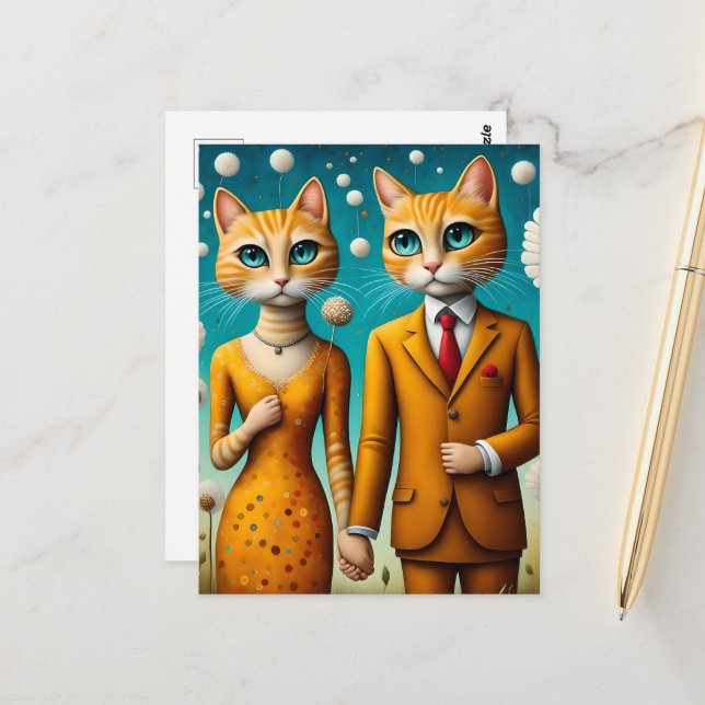 Schönes Katzenpaar surreale Blume Postkarte (Vorderseite/Rückseite Beispiel)