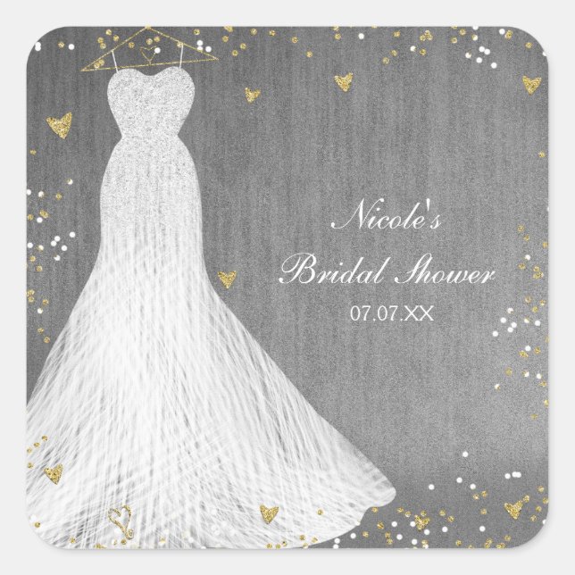 Schönes Kleid auf Gold Hanger Brautparty Quadratischer Aufkleber (Vorderseite)