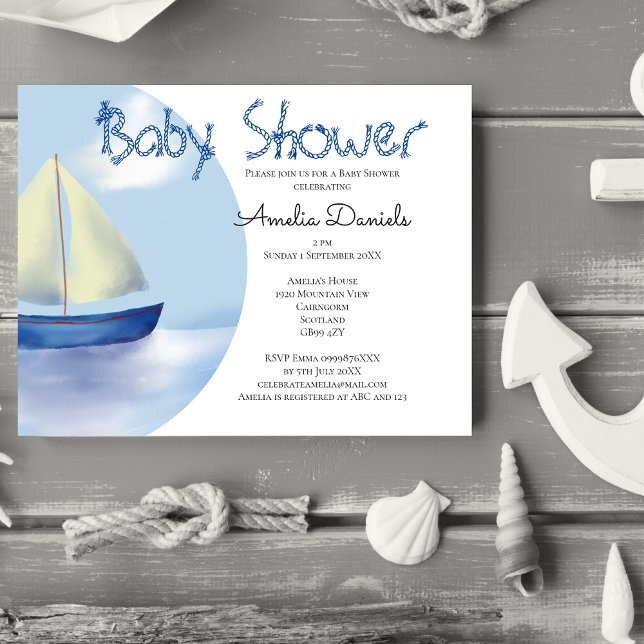 Schönes kleines Blue Sailboat Baby Dusche von Mail Einladung (Drop anchor for a super cute baby shower with a nautical theme.)