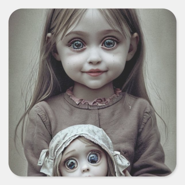 Schönes kleines Mädchen mit Creepy Antique Doll Quadratischer Aufkleber (Vorderseite)