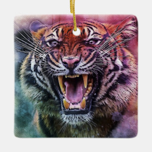 Schönes knurrendes Gesicht eines Bengal Tigers Fot Keramikornament