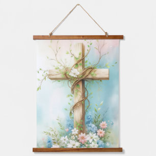 Schönes Kreuz mit Blume und einer Weinrebe Wandteppich Mit Holzrahmen