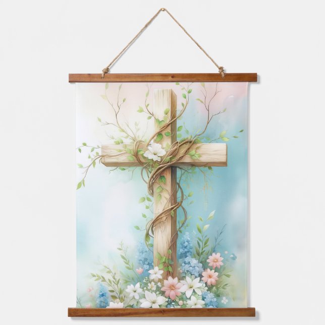 Schönes Kreuz mit Blume und einer Weinrebe Wandteppich Mit Holzrahmen (Vorderseite)