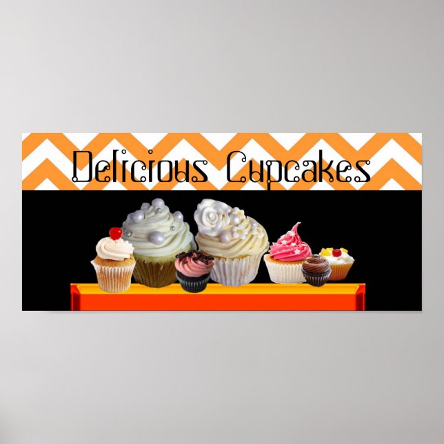 SCHÖNES KUPCAKE DESERT SHOP ORANGE WEISS ZICKZACK POSTER (Vorne)