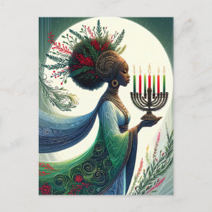 Schönes Kwanzaa Weib mit Kinara Feiertagspostkarte
