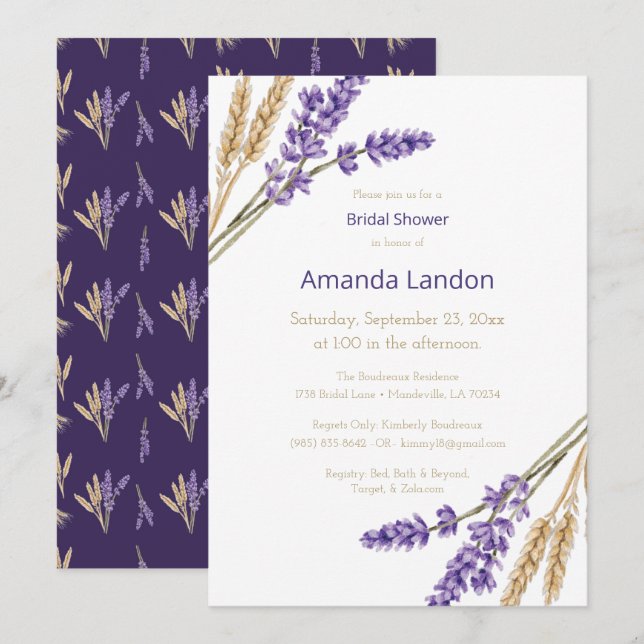 Schönes Lavender & Wheat Brautparty Einladung (Vorne/Hinten)
