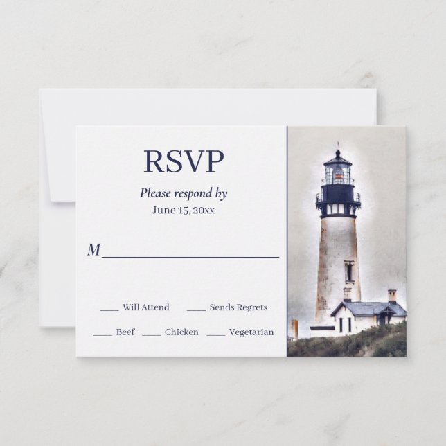Schönes Leuchtturm Nautical Beach Wedding RSVP Karte (Vorderseite)