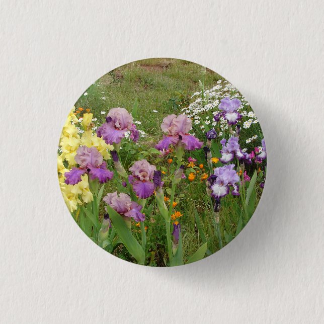 Schönes Lila Iris Blume Blumenstrauß Foto Button (Vorderseite)