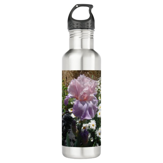 Schönes Lila Iris Blume Blumenstrauß Foto Edelstahlflasche (Vorderseite)