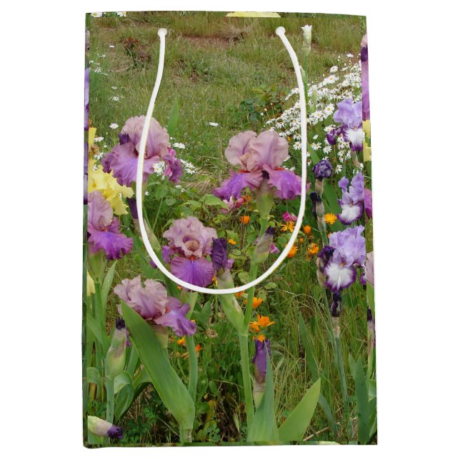 Schönes Lila Iris Blume Blumenstrauß Foto Mittlere Geschenktüte (Vorderseite)