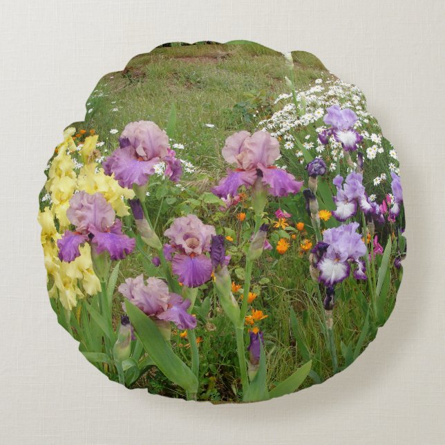Schönes Lila Iris Blume Blumenstrauß Foto Rundes Kissen (Vorderseite)