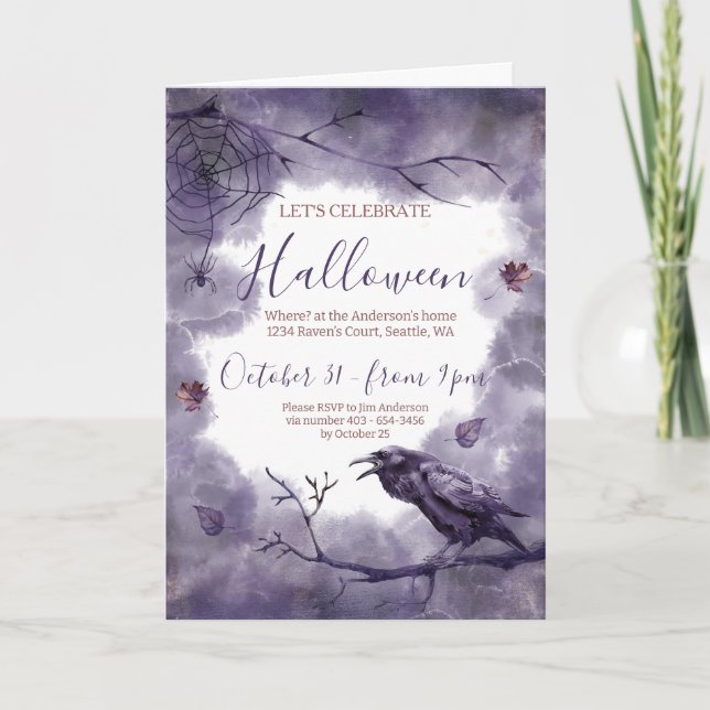 Schönes Lila Raven Halloween-Party Einladung (Vorderseite)