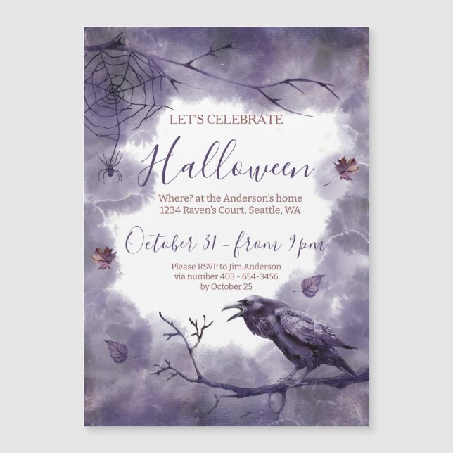 Schönes Lila Raven Halloween-Party Magneteinladung (Vorderseite)