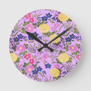 Schönes lila Vintage-Blumenmuster Runde Wanduhr