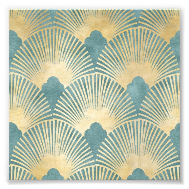 Schönes Lüftermuster, aquamarines Gold, Art-Deco-M Fotodruck (Vorne)