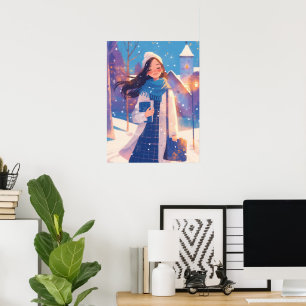 Schönes Mädchen, das auf einer Winterstraße läuft Poster