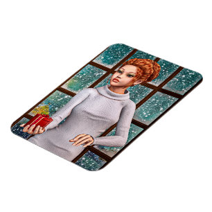 Schönes Mädchen, das ein Weihnachtsgeschenk hält Magnet