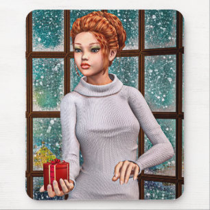 Schönes Mädchen, das ein Weihnachtsgeschenk hält Mousepad