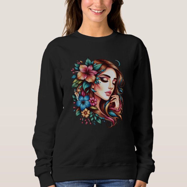 Schönes Mädchen-Gesicht mit Blumen Sweatshirt (Vorderseite)