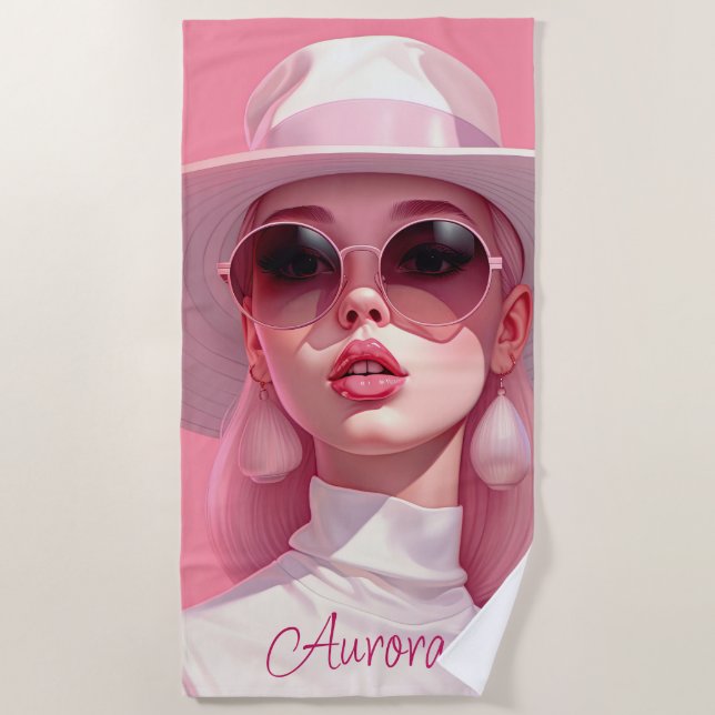 Schönes Mädchen in einer rosa Sonnenbrille Strandtuch (Vorderseite)