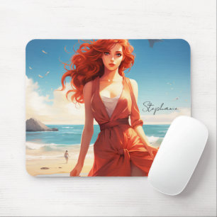 Schönes Mädchen in Rot am Strand Mousepad