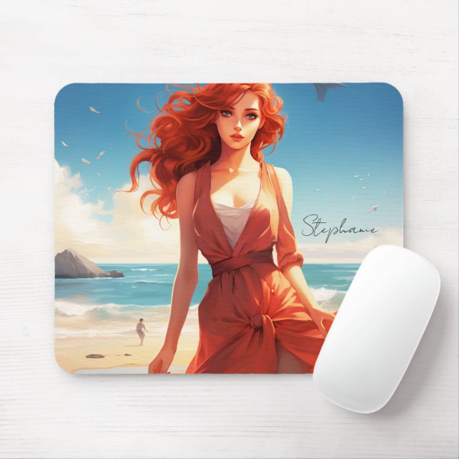Schönes Mädchen in Rot am Strand Mousepad (Mit Mouse)