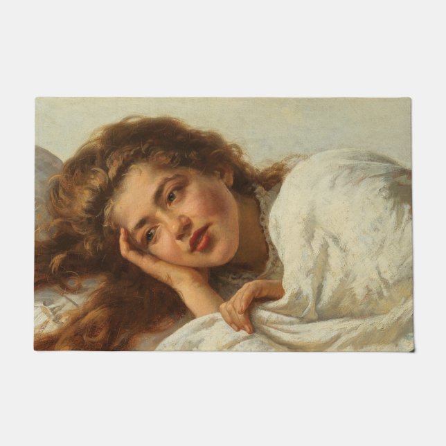 Schönes Mädchen liegt im Bett mit rotem Haar Fußmatte (Vorderseite)