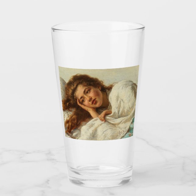 Schönes Mädchen liegt im Bett mit rotem Haar Glas (Vorderseite)