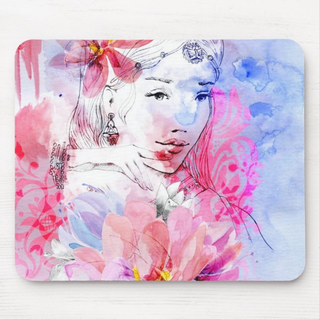 Schönes Mädchen mit einem Blumenstrauß der Blumen Mousepad (Vorne)